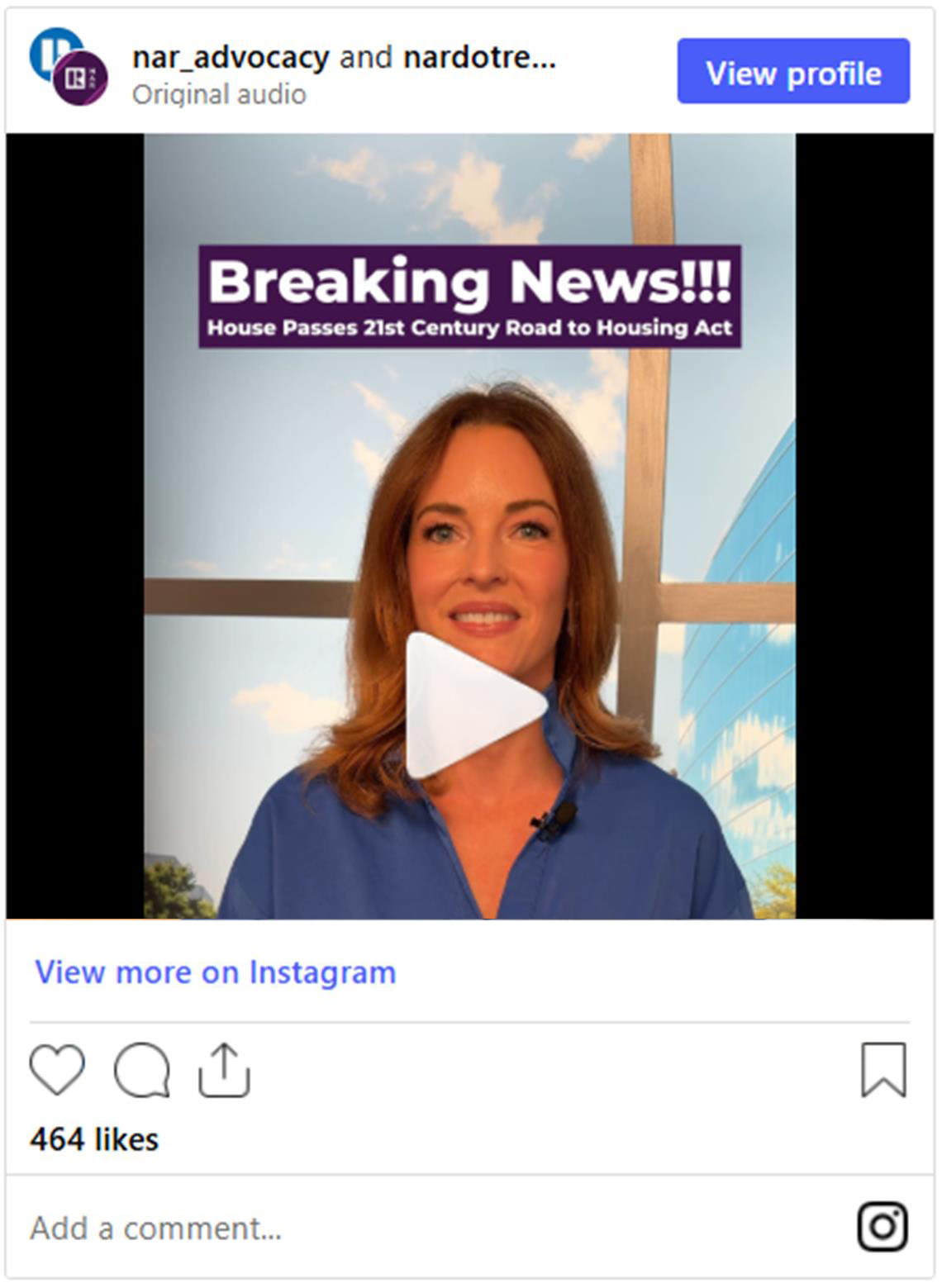 NAR Chief Advocacy Officer and Executive Vice President Shannon McGahn breaks news of the passage of ROAD on Advocacy Social Media, getting tens of thousands of views.